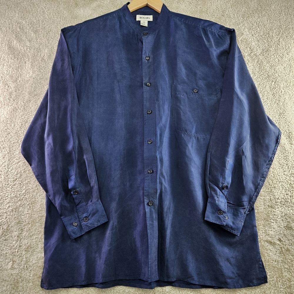 Vintage Bogari 100% Silk Shirt Mens XL Iridescent Blue Gray Mandarin Collar Thin